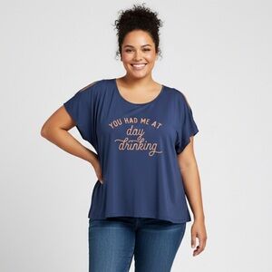 SHEIN Curve 1X Navy Cold Shoulder Graphic Tee - You Had Me At Day Drinking